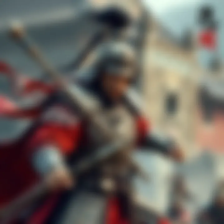 Lu Bu in Battle Armor A fierce warrior in ornate armor, wielding a spear, representing Lu Bu from ancient China, set against a war-torn backdrop.