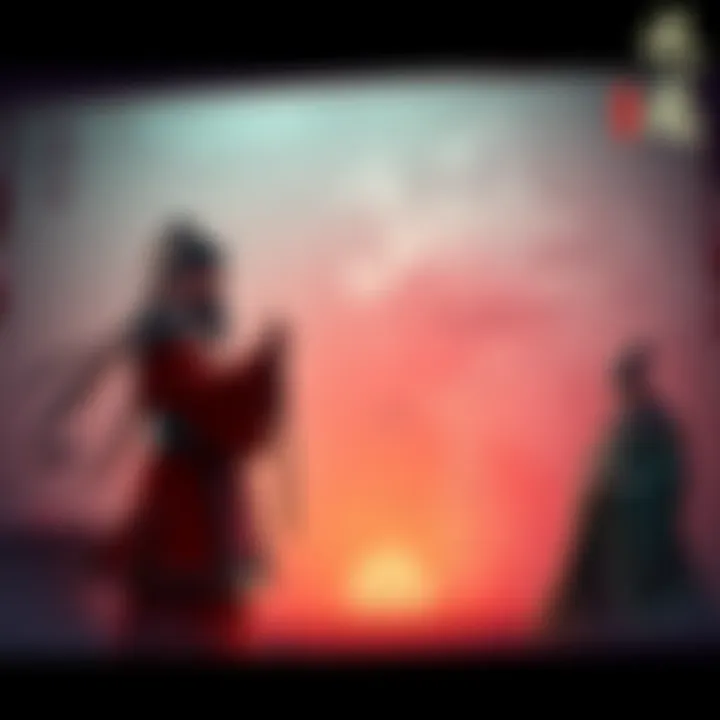 Lu Su debating in front of a map of Jing Province A historical figure representing Lu Su stands by a map, arguing about the strategic importance of Jing Province, with another figure symbolizing Zhuge Liang nearby.