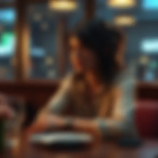 Lucia with disheveled hair sits alone at a restaurant table, looking distressed and lost in thought, hinting at her troubled past.