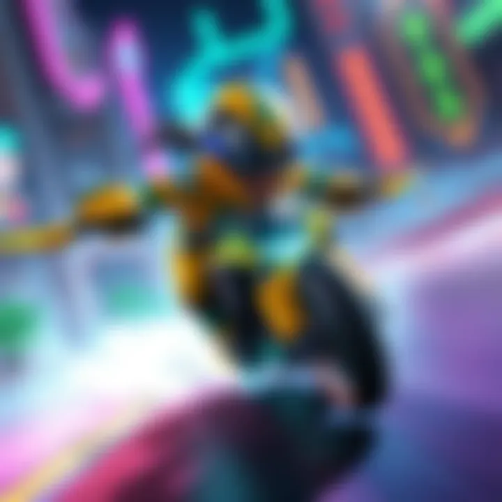 Lucio, a colorful character, racing on a vibrant map while using his speed boost ability in a game setting