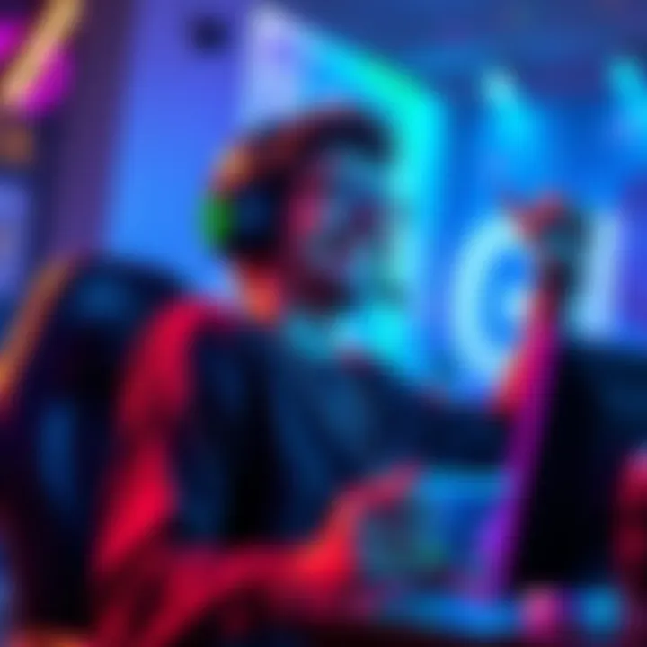 A joyful gamer with headphones celebrates reaching mastery in playing Lucio, surrounded by gaming gear and colorful lights.