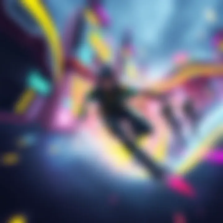 A dynamic character with headphones and colorful visual effects, skating on a futuristic map while supporting teammates in a gaming scene.