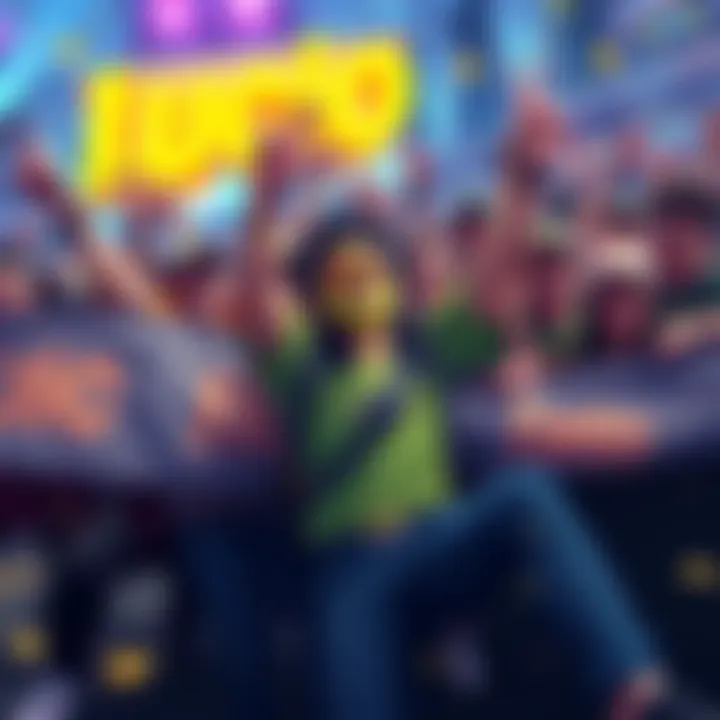 A group of fans joyfully celebrating a Lucio main character with banners and merchandise at a gaming event.