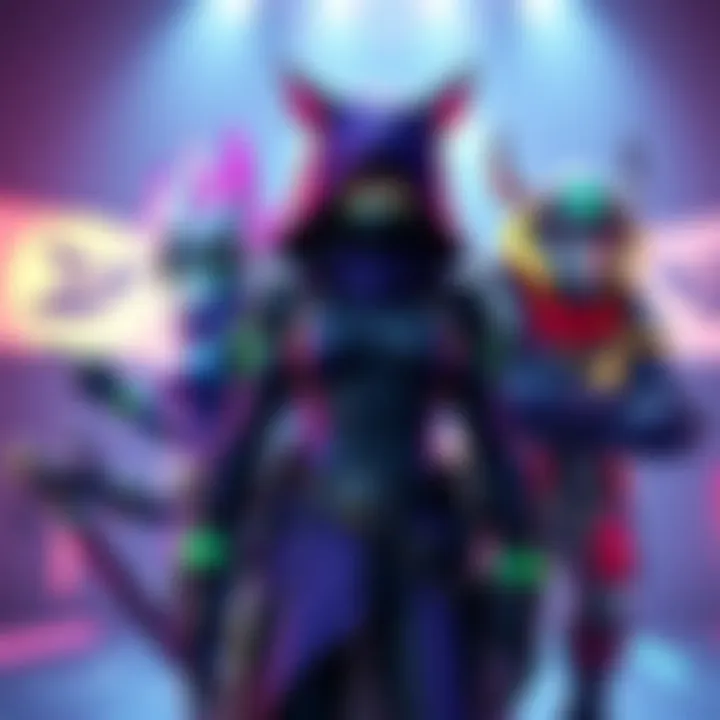 Three vibrant skins for Lucio, Sombra, and Reinhardt displayed in a colorful gaming environment