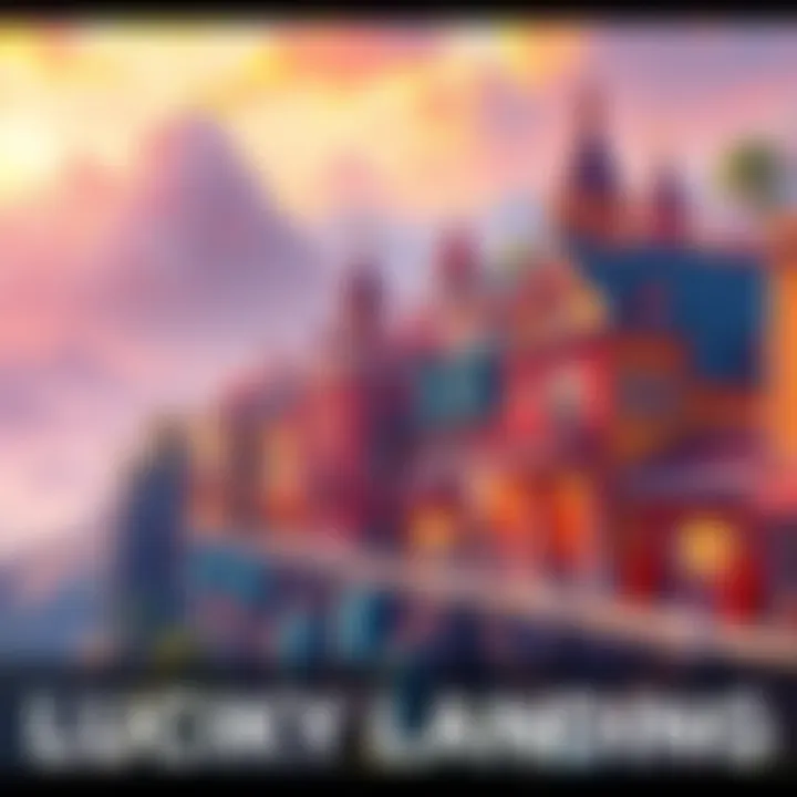 A beautiful view of Lucky Landing with colorful buildings and lively streets.