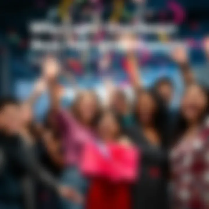 A group of diverse people joyfully celebrating their wins in a lucky giveaway, with cheerful expressions and confetti around them.