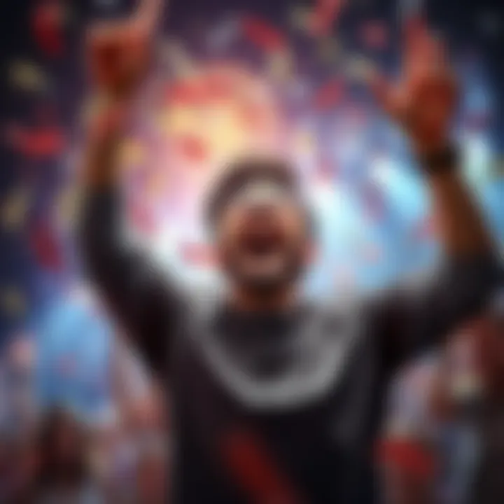 A person celebrating a surprising win, looking excited and joyful, with confetti falling around them