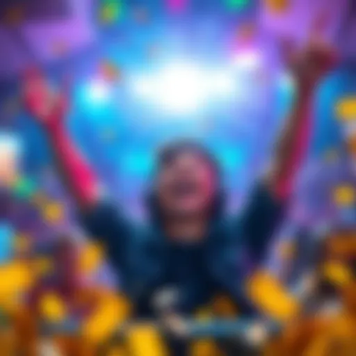 A joyful gamer celebrating a lucky win with a bright smile and arms raised in excitement