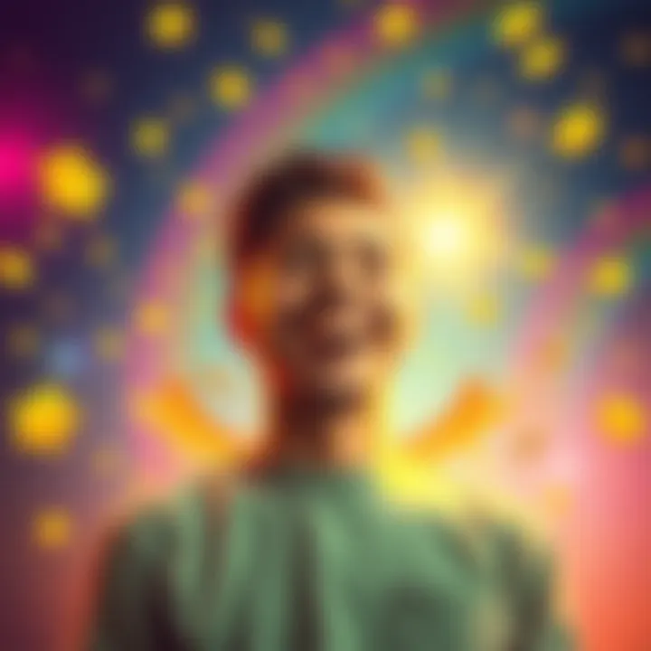 A person celebrating good fortune with a big smile, surrounded by bright colors and symbols of success like stars and rainbows.