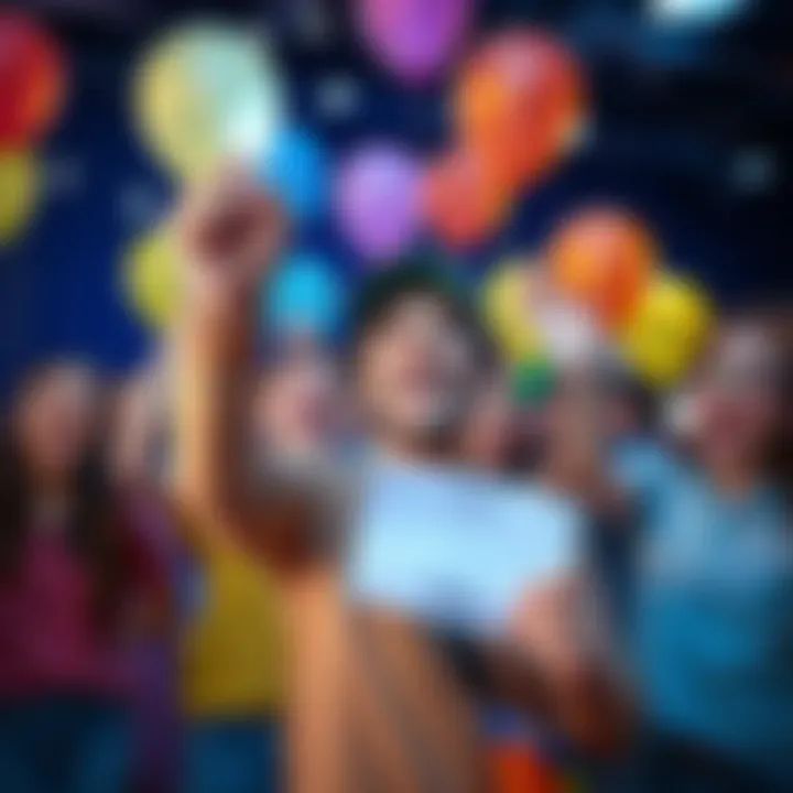 A happy person holding a winning ticket, surrounded by friends cheering and balloons in the background