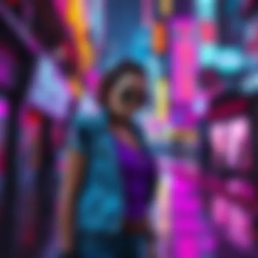 Lucy standing confidently in a neon-lit street of Night City, surrounded by futuristic buildings and urban art, showcasing her vibrant personality.