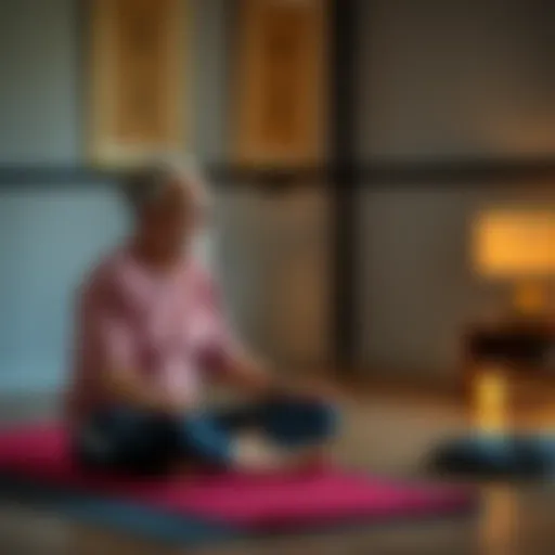 Ludwig sits on a yoga mat, engaged in a deep conversation with his yoga teacher, both looking thoughtful and connected.