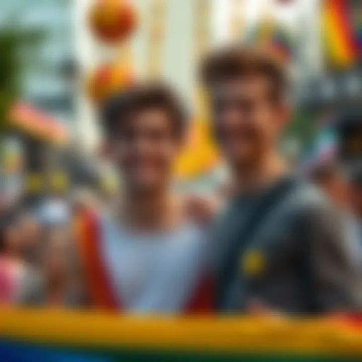 Luke and Nick smiling together at the LGBTQ+ parade, showcasing their strong bond amidst colorful decorations and people celebrating.