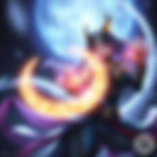Luna, the Dota 2 character, poised in battle stance with a glowing crescent moon symbol, showcasing her magical aura and fierce appearance.