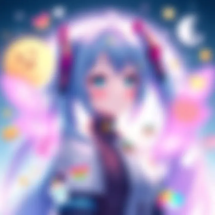 A colorful illustration of Luna Miku, a creative character with bright hair and a futuristic outfit, surrounded by artistic elements and vibrant community symbols.