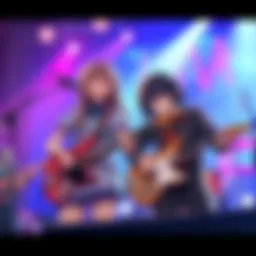 The Luna story band performing on stage with a focus on Hailey and Yujin, who are in a discussion about the bass guitar role.