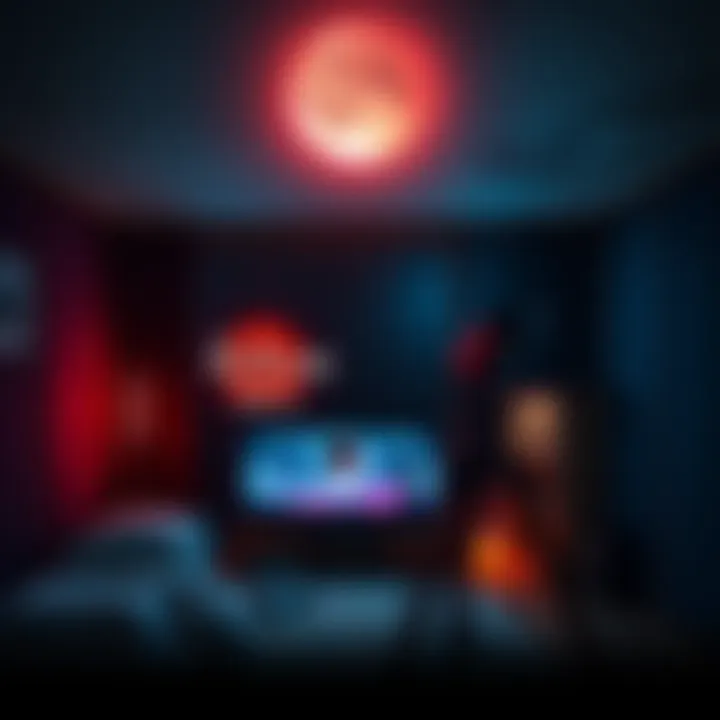 A cozy gaming setup under a lunar eclipse, featuring a TV displaying Fatal Frame: Mask of the Lunar Eclipse and a dimly lit room with a telescope pointing at the moon.