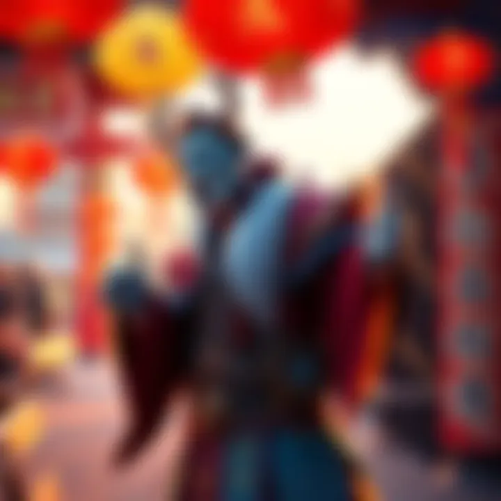 A colorful Lunar New Year scene featuring a character resembling Erlang Shen with festive decorations and vibrant mythic skins from OW2.