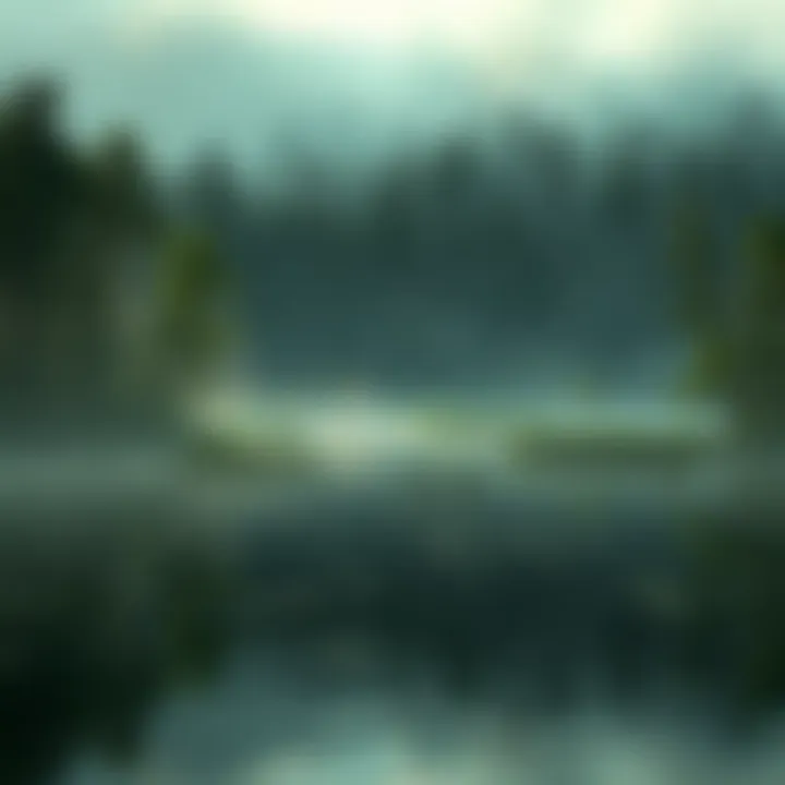 A serene swamp scene with fog, dense trees, and still water, creating an eerie yet calm atmosphere.