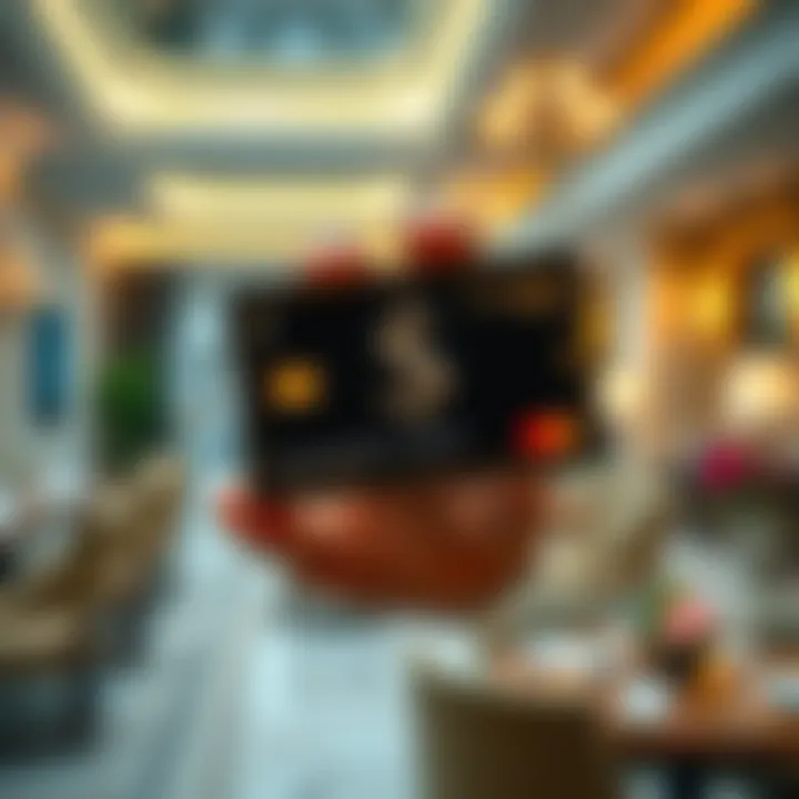 A close-up of a stylish card that symbolizes wealth and status, featuring elegant designs and high-end materials, held in a person's hand against a blurred background of a luxurious setting.