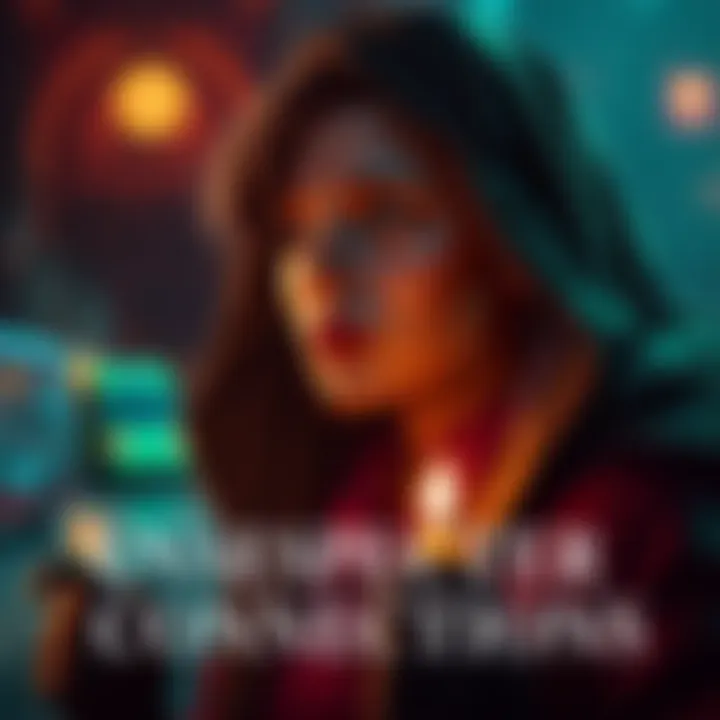 Lydia's character from Yogspoker reflected as a widow, linked to her Call of Cthulhu persona, surrounded by a game setting.