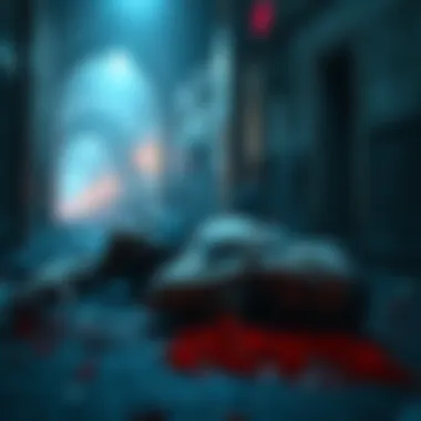 A zombie lying on the ground in a dimly lit area of Resident Evil 2, showcasing its decayed appearance and surrounding environment.