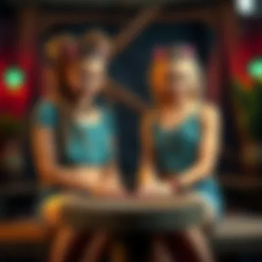The Lyra twins are featured in a playful Survivor setting, showcasing their personalities and competitive spirit.