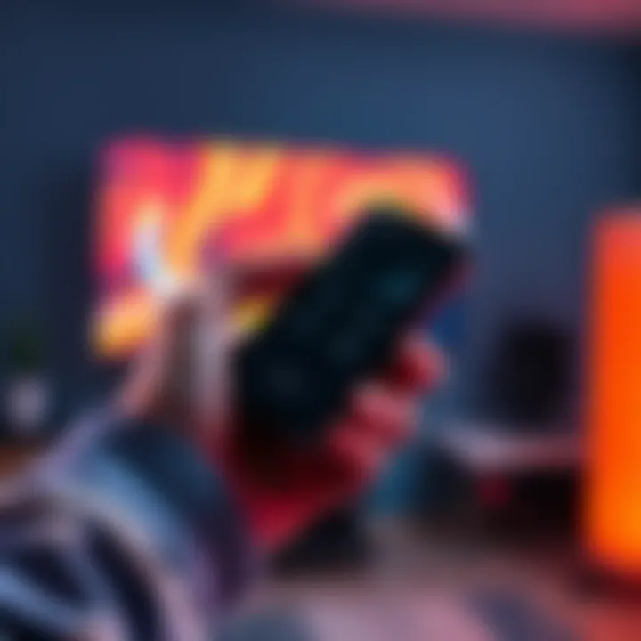 A person holding the M1 remote control, showcasing its sleek design and buttons.