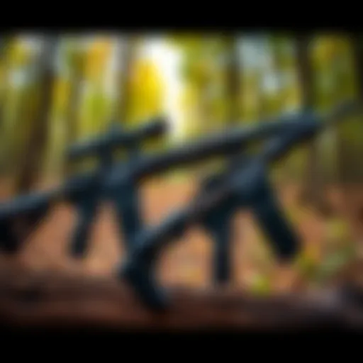 Two rifles, M1A and DL carbine, displayed side by side with a focus on their stealth features in a wooded setting.