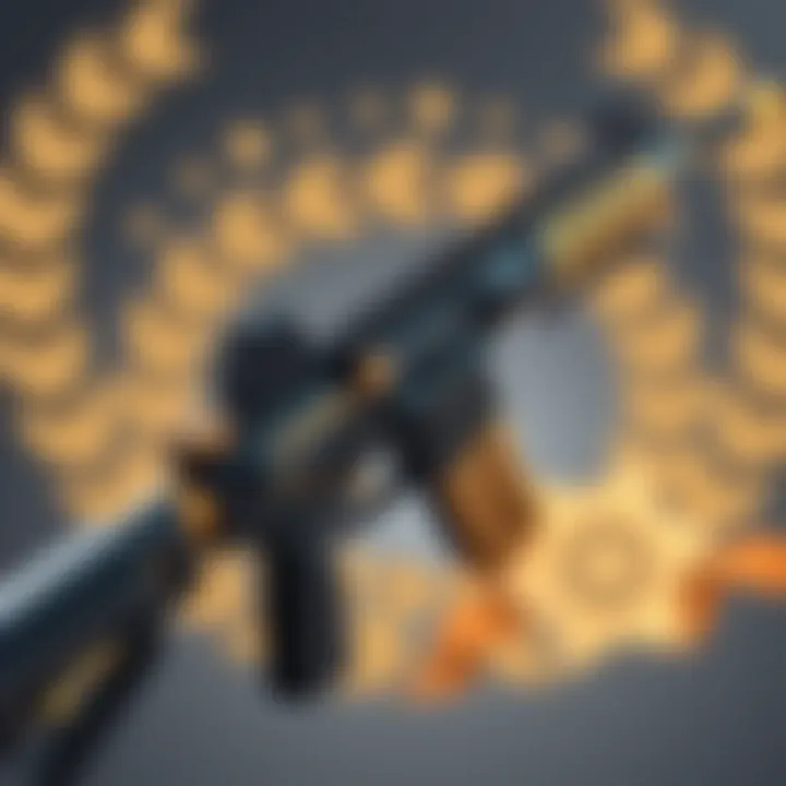 Close-up of the M4 Black Gold Royal weapon, showcasing its sleek design and shiny gold accents, with a reward background