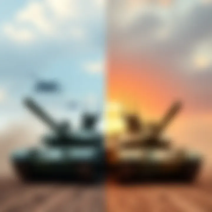Side-by-side comparison of M820 and XM820B4 Scorpion tanks with modern battle tanks in a military setting