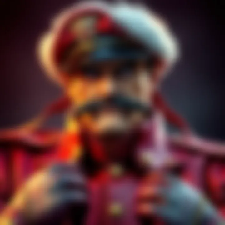 Close-up of M. Bison in his iconic red military jacket and hat, showcasing his powerful presence and unique style in Street Fighter.