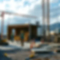 A construction site with workers building a machine shop next to an existing workshop, tools scattered around