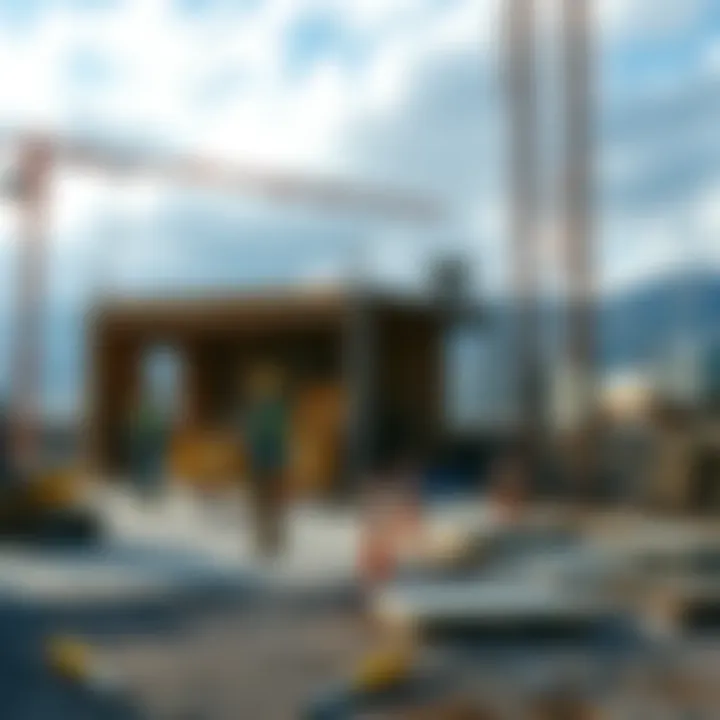 A construction site with workers building a machine shop next to an existing workshop, tools scattered around