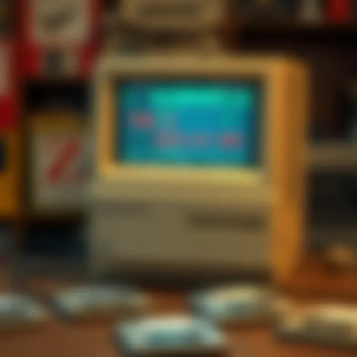 A Macintosh Plus computer displaying a pixelated RPG game that resembles The Legend of Zelda, surrounded by floppy disks in a nostalgic setting.