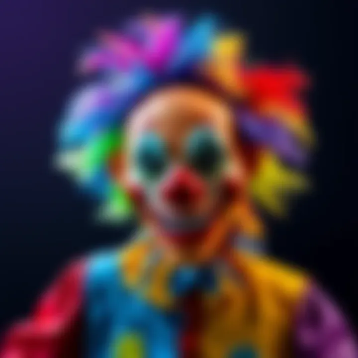 Mad Clown Puppet A colorful Mad Clown Puppet with vibrant clothing and a mischievous grin, set against a dark background