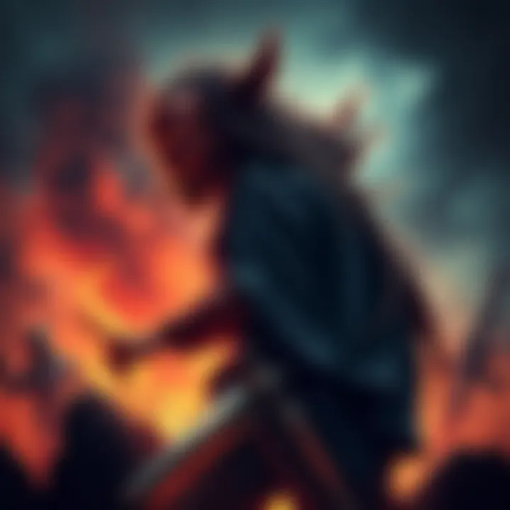 A fierce character named Mad Maggie stands with a menacing expression, surrounded by chaos symbolizing her power and legacy, with stormy skies in the background.