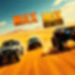 Mad Max Fury Road Scene A thrilling scene from Mad Max showcasing a high-speed chase with rugged vehicles and desert landscape.