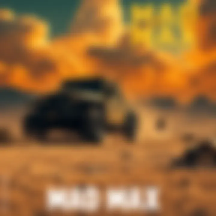 A post-apocalyptic landscape featuring a rugged vehicle and a character in combat gear, amidst dramatic skies and desert terrain.