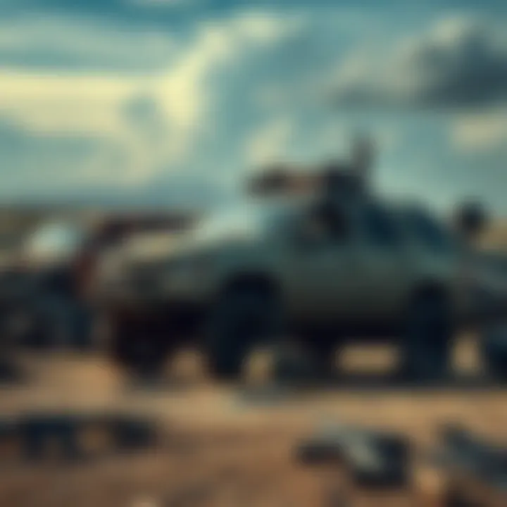 A wasteland scene showing a rugged vehicle surrounded by scattered car parts and weapons, with a character scavenging for supplies.