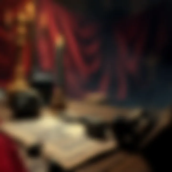 Madness Adventure Theme A fantasy-themed tabletop setting with dice, character sheets, and a dark, mysterious atmosphere representing a madness adventure.