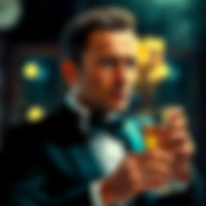 Mads Mikkelsen dressed in a tuxedo, holding a drink, with a serious expression, embodying the character of James Bond.