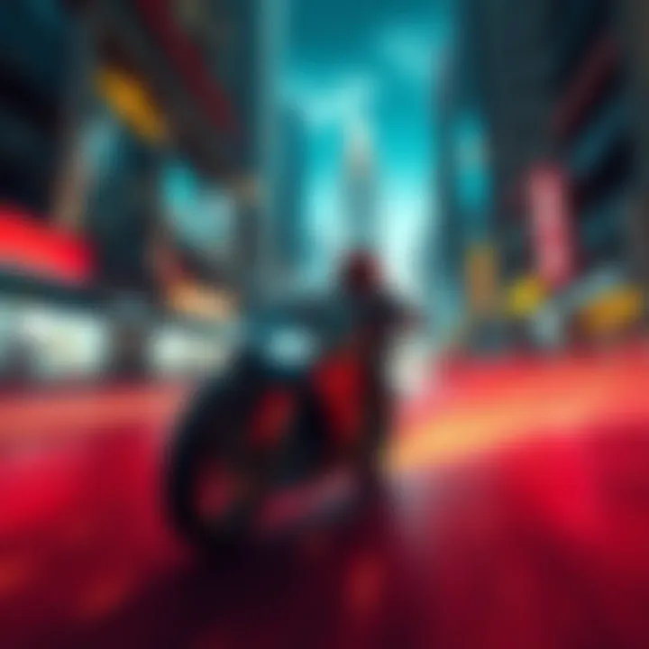 A character named Maero racing through a city street in Red Asphalt, showcasing intense action and vibrant graphics.