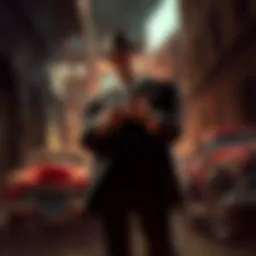 A character dressed in classic mafia attire, holding a gun, surrounded by dark alleyways and vintage cars, showcasing the gritty atmosphere of Mafia: The Old Country