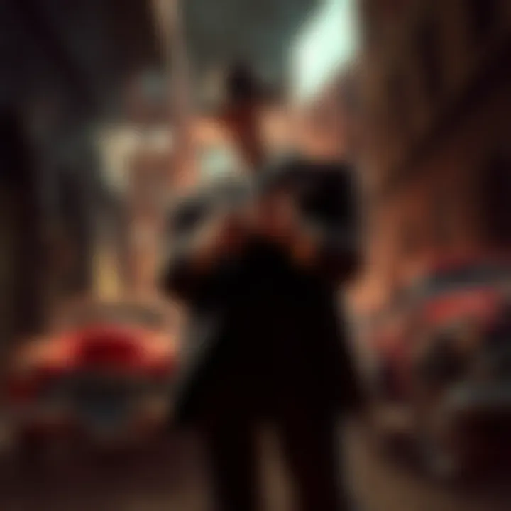 A character dressed in classic mafia attire, holding a gun, surrounded by dark alleyways and vintage cars, showcasing the gritty atmosphere of Mafia: The Old Country