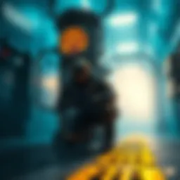 A player using Mag crouches near a Sensor Regulator in a Grineer facility, looking for a way to avoid detection.