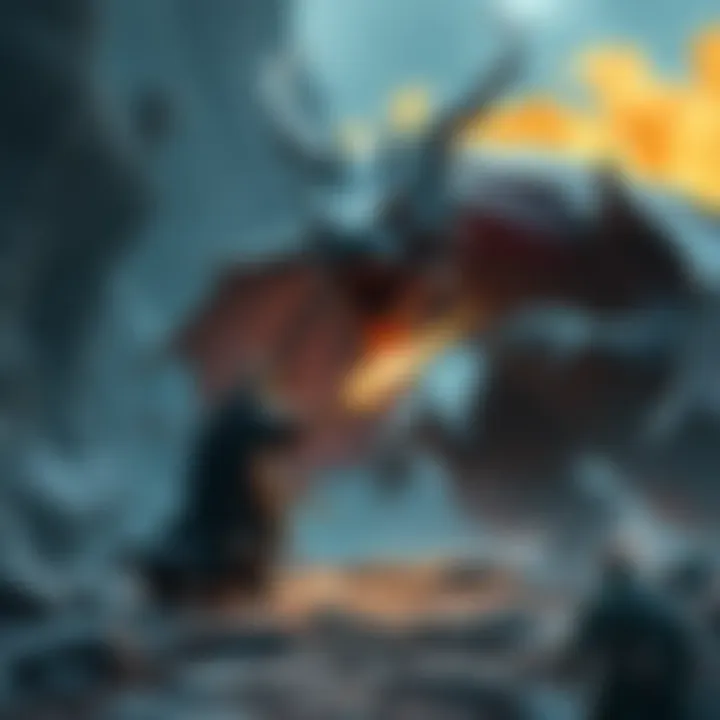 A mage faces off against a large, deformed dragon knight spewing fire in a rocky arena.