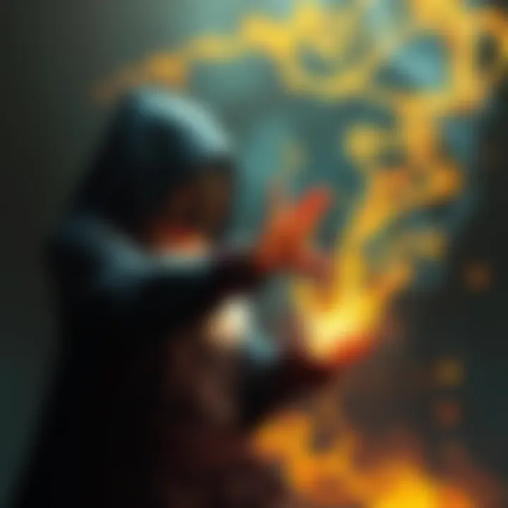 A powerful mage focused on casting a spell while maintaining concentration, with magical energy surrounding them.