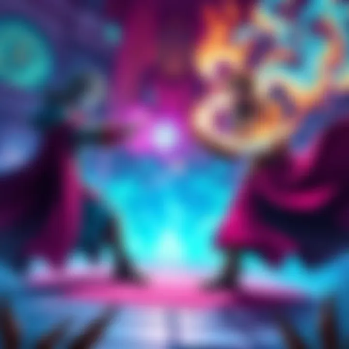 Two mages casting spells against each other in a vibrant, colorful arena filled with magical elements.