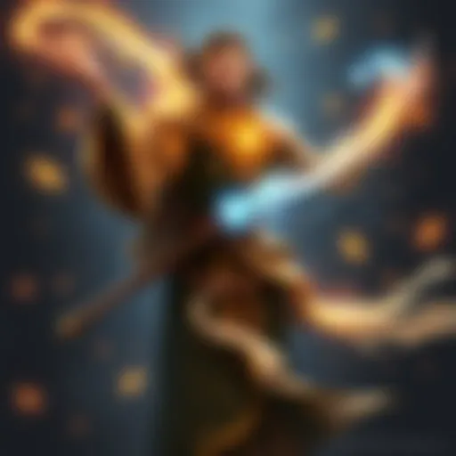 A mage in flowing robes stands confidently, surrounded by magical energy, showing grace and courage with a focused expression.